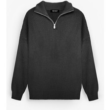 Abluka Online Erkek Oversize Yarım Fermuarlı Kazak Siyah