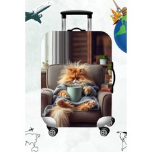 Likralı Esnek Kumaş Uykucu Kedi Baskılı Dayanıklı Valiz Ve Bavul Kılıfı