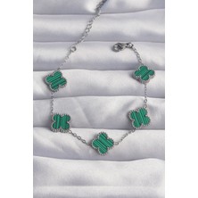 Skygo 316L Çelik Gümüş Renk Çizgili Yeşil Mineli Yonca Bileklik - TJ-BB6259