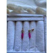 Pel Design Minimal Pembe Akik Altın Kaplama Top Küpe
