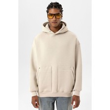 Cep Detaylı Kapüşonlu Oversize Sweatshirt Buz Grisi