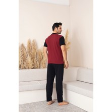 Erkek Kısa Kol Üst Bordo-Siyah Alt Siyah Önden Düğmeli Pijama Takımı