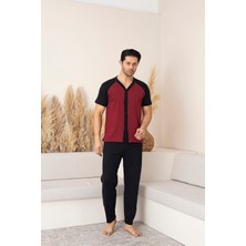 Erkek Kısa Kol Üst Bordo-Siyah Alt Siyah Önden Düğmeli Pijama Takımı