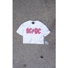 Ac/cd Beyaz Crop Pembe Baskılı T-Shirt