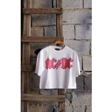 Ac/cd Beyaz Crop Pembe Baskılı T-Shirt