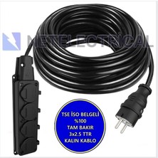 Netelectrical Kauçuk 4'lü 10 Metre Topraklı Grup Priz - 3x2.5 Ttr Tam Bakır Kalın Siyah Kablo