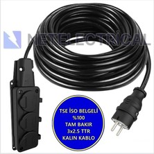 Netelectrical Kauçuk 3'lü 18 Metre Topraklı Grup Priz - 3x2.5 Ttr Tam Bakır Kalın Siyah Kablo