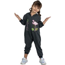 Riccotarz Kız Bebek Üzerinde Flamingo Baskılı Önü Fermuarlı Kapüşonlu Füme Tulum