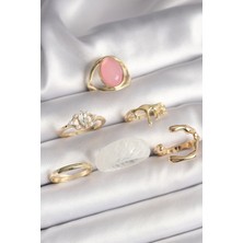 Callerrons Accessories Pirinç Gold Renk Zirkon Taş Detaylı Pembe Mineli 6'lı Kadın Yüzük Seti - EBJ250301W31431