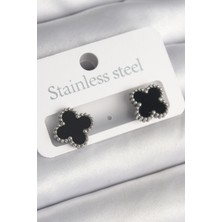 Callerrons Accessories Gümüş Renk Siyah Yonca Model Kadın Küpe - EBJ250301W31474