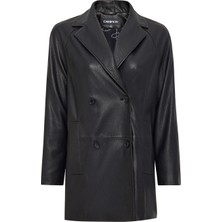 Derimod Wendy Kadın Siyah Kruvaze Yaka Uzun Deri Ceket 25SGD52912H