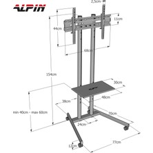 ALPIN TV/Fuar Standı Bilgisayar Askı Aparatlı Metal Tekerlekli TV Sehpası/Ünitesi 40” inç – 75” inç