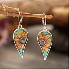 Bengü Accessories Damla Şekilli Ayçiçeği Desenli Vintage Küpe