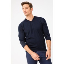 Desen Triko Erkek Basic V Yaka Ince Triko Kazak 02421602 Koyu Lacivert