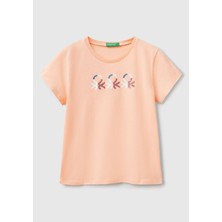 Kız Çocuk Yavruağzı Simli Logo Baskılı T-Shirt