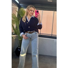 Mir Store Lacivert Fitilli Oversize Basic Örme Hırka
