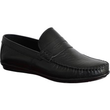 Hon's Deri Siyah Erkek Ayakkabı Loafer Topuk Pedli Kauçuk Bağcıksız
