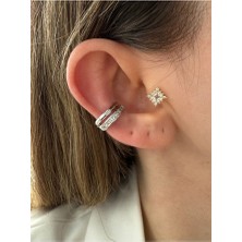 Pinery Jewels 2 Sıra Kare Zirkon Taşlı Pirinç Üzeri Kaplama Kadın Kıkırdak Küpe