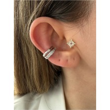 Pinery Jewels 2 Sıra Kare Zirkon Taşlı Pirinç Üzeri Kaplama Kadın Kıkırdak Küpe