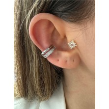 Pinery Jewels 2 Sıra Kare Zirkon Taşlı Pirinç Üzeri Kaplama Kadın Kıkırdak Küpe