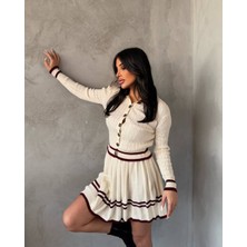 Kadın Uzun Kollu Düğme Ve Ribana Detay Triko Hırka Ve şerit Detay Pileli Etek Ikili Takım