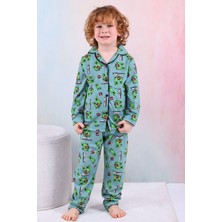 Pjkö Minec Desenli Yeşil Uzun Kollu Önden Düğmeli Erkek Çocuk Pijama Takımı 4-12 Yaş 604U