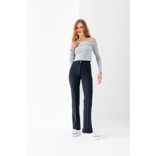 Kadın Yüksek Bel Toparlayıcı Likralı Bol Paça Pantolon Lacivert - 5111