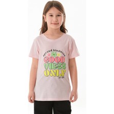 %100 Pamuk Yazı ve Çiçek Baskılı Kız Çocuk Tişört