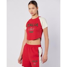 Kappa Balde Tee Kadın Ekru-Kırmızı Regular Fit Tişört