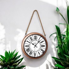 Halatlı Bakır Renkli Metal Çerçeveli Roma Rakamlı Eskitme Duvar Saati 36  cm