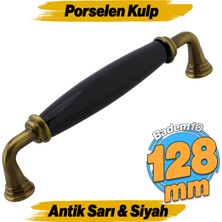 Badem10 Kapıdağı Porselen Antik Sarı Siyah Kulp 128 mm Mobilya Çekmece Mutfak Dolabı Dolap Kapak Kulb Kulpu