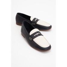 Luvi Skye Lacivert-Beyaz Deri Küt Burun Kadın Loafer Ayakkabı