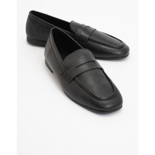 Luvi Skye Siyah Deri Küt Burun Kadın Loafer Ayakkabı
