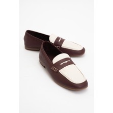 Luvi Skye Bordo-Beyaz Deri Küt Burun Kadın Loafer Ayakkabı