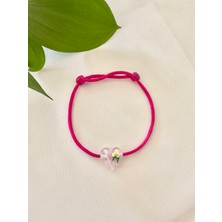 Atelier Çağla Şeffaf Murano Cam Papatya Kalp Fuşya Pembe Bileklik
