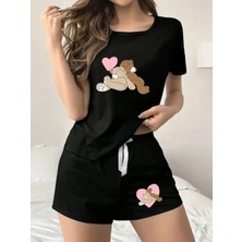 Amor Face Özel Tasarım Aşık Ayılar Pembe Kalp Baskılı Ultra Rahat Modern Kadın T-Shırt Şort Takımı