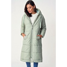 5120 Kapşonlu Uzun Şişme Mont - Mint