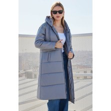 5120 Kapşonlu Uzun Şişme Mont - Gri