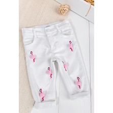 Babymod Flamingo Beyaz Kız Bebek Denim Pantolon %100 Pamuk Yüksek Bel Desenli Günlük Model