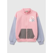 Kız Çocuk Pembe Mix Simli Benetton Logo Işlemeli Fermuarlı Sweatshirt
