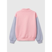 Kız Çocuk Pembe Mix Simli Benetton Logo Işlemeli Fermuarlı Sweatshirt