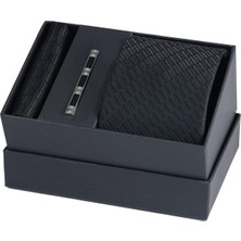 Esgue Hand Made Desenli Siyah Kravat & Mendil & Kravat Maşası Hediye Seti