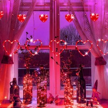 Vitrin Mekan Dekor Işığı Kırmızı Salkım LED Işık Kalpli Salkım LED Işık Kırmızı LED Işıklı Perde Işık
