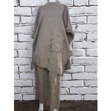 Çalıkuşu Triko Panço + Pantolon Ikili Takım Püskül Detaylı M2401 vizon renk