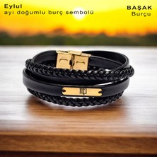 Archin 14 Ayar Altın Plakalı Dikdörtgen Motifli ve Şahane Siyah Deri Örgülü Burç Semboller Bilekliği