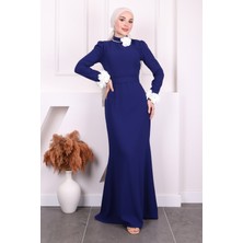 İmaj Butik Saks Mavi Kolu Papatya Detaylı Abiye