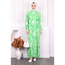 İmaj Butik Yeşil Desenli Eteği Katlı Viscon Elbise