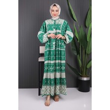 İmaj Butik Yeşil Desenli Yarım Düğmeli Viscon Elbise