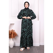 İmaj Butik Zümrüt Yeşili Desenli Eteği Katlı Viscon Elbise