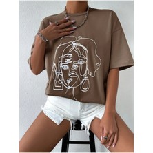Woodroffe Çizgi Yüz Baskılı Kadın / Kız Oversize T-Shirt Salaş Boyfirend